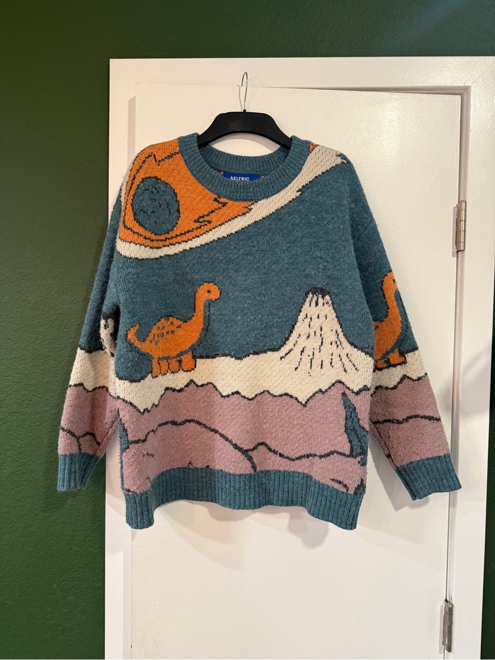 Aelfric Eden Teal Orange Pink Cream Graphic Dino Crewneck Sweater
